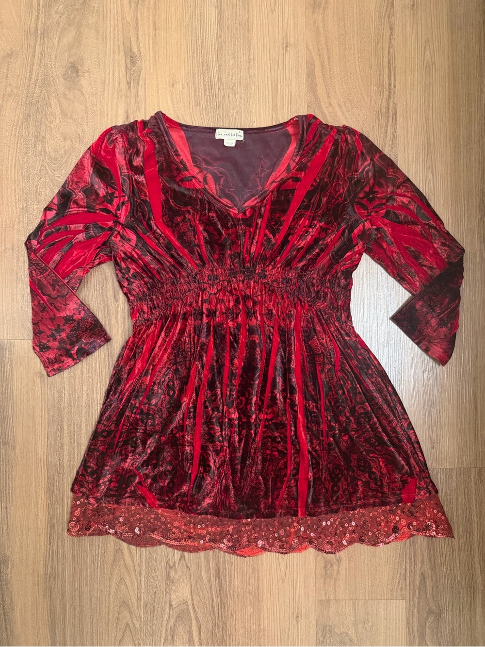 live and let live Red Velvet V-Neck Smocked Tunic with Lace Hem